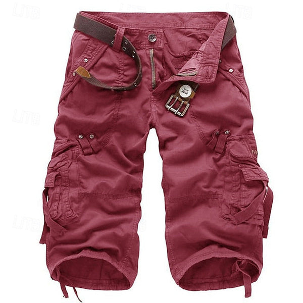 Burgundy cargo shorts with multiple side pockets and brown belt