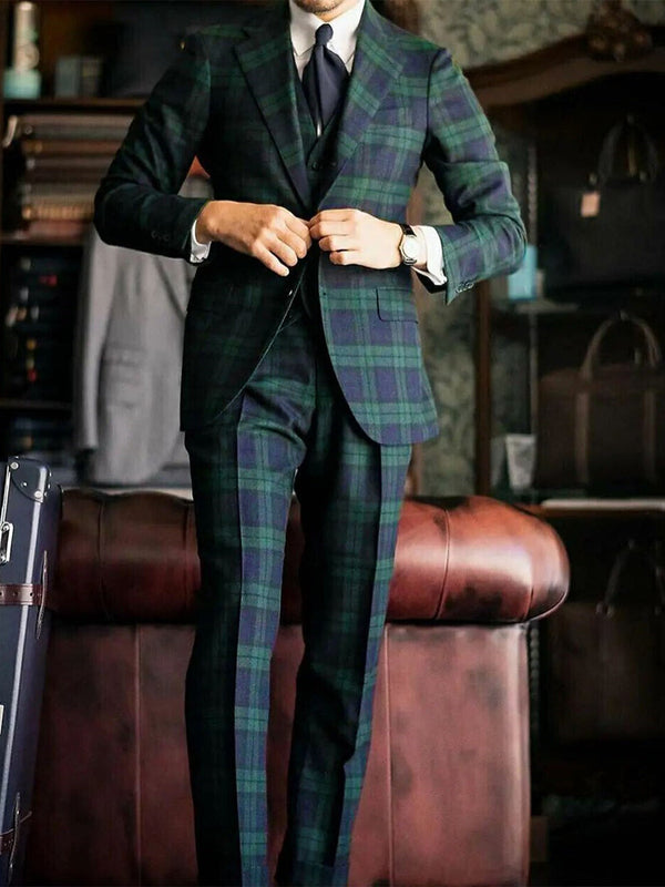Men's green and navy tartan plaid three piece suit with single breasted blazer