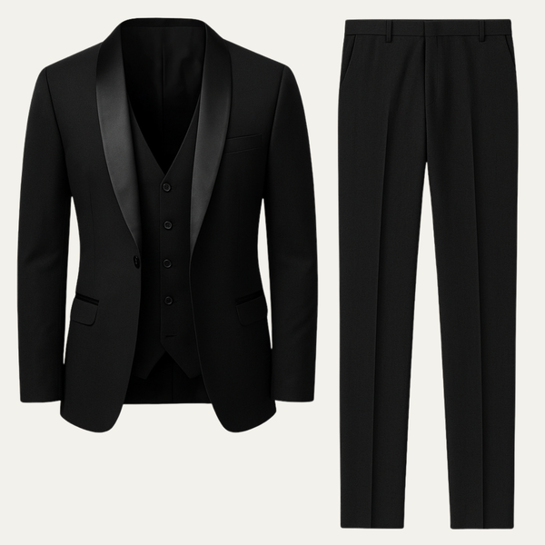 Black formal 3 piece tuxedo suit with satin lapel vest and trousers