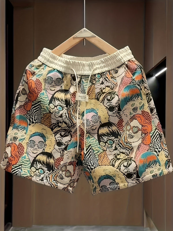 Men's relaxed wide leg shorts with colorful graphic print featuring illustrated faces and patterns