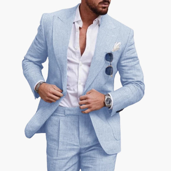Light blue linen blend tailored two-piece suit with white shirt