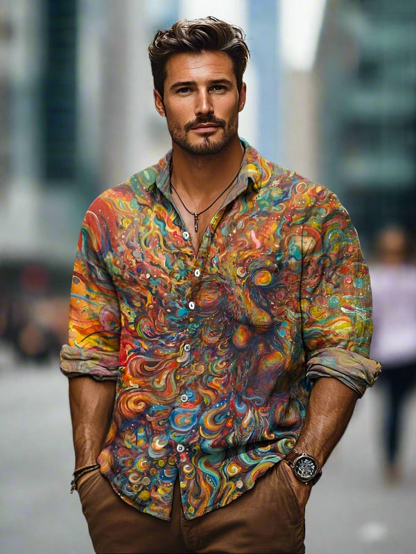 Men's Summer Abstract Print Long Sleeve Button Up Shirt