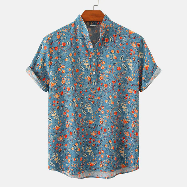 Men's Summer Blue Floral Mandarin Collar Short Sleeve Shirt