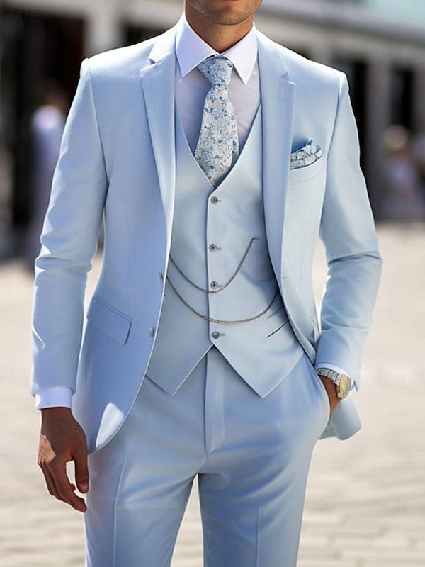 Light blue formal three piece suit with notch lapel, single breasted two button jacket and matching vest