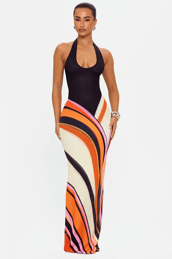 Women's Black Satin Sleeveless Cocktail Maxi Dress