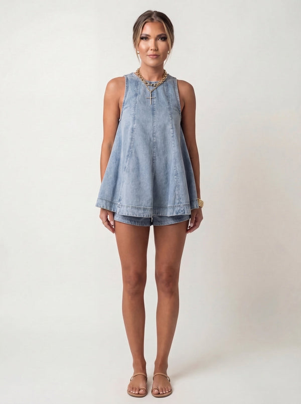Light blue denim tank top and shorts two-piece set with A-line silhouette