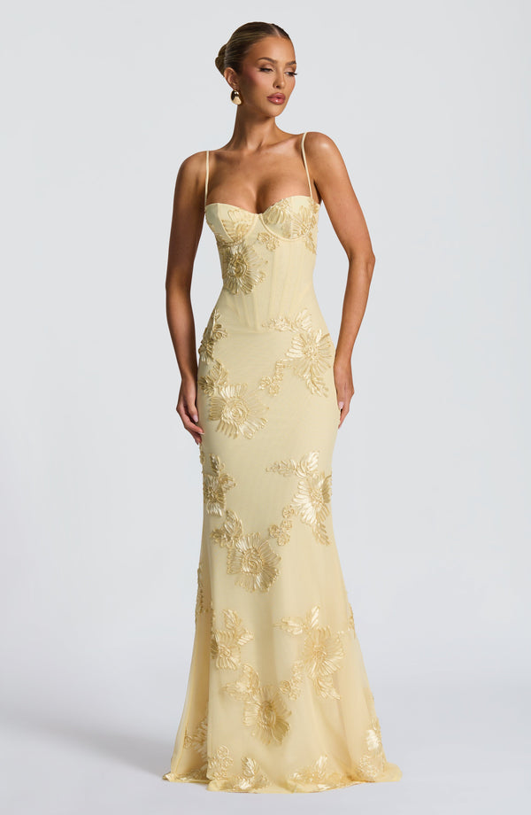 Full-length view of a women's formal floral embroidered maxi dress in light yellow with delicate spaghetti straps and a sweetheart neckline.
