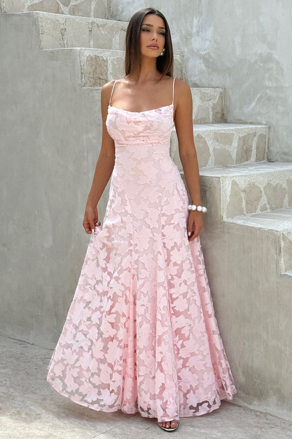 Pink floral maxi dress with cowl neckline and spaghetti straps