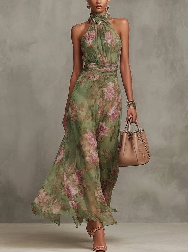 Green floral halter maxi dress with pink rose print and waist tie