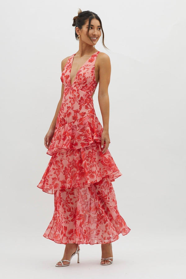 Coral floral tiered ruffle maxi dress with deep v-neck