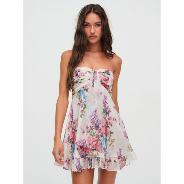 Women's Wedding Guest Floral Strapless Mini Dress