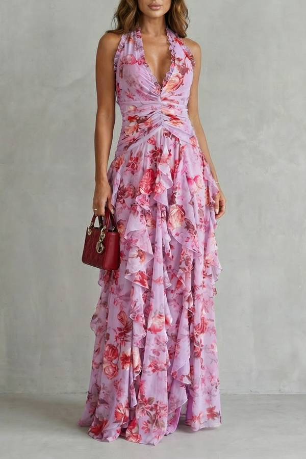 Pink floral halter maxi dress with ruched waist and layered ruffle skirt, front view