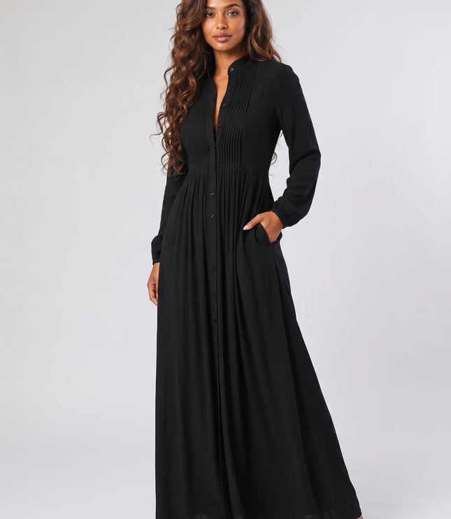 Vestido maxi minimalista con cuello alto y mangas largas para mujer