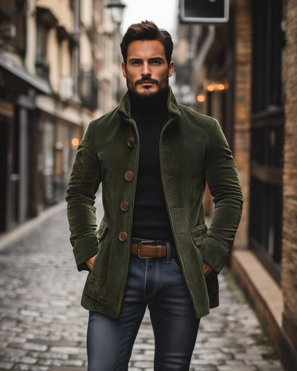 Cappotto Uomo Autunnale in Velluto a Coste con Collo alla Coreana e Chiusura a Bottoni - Edizione Autunno