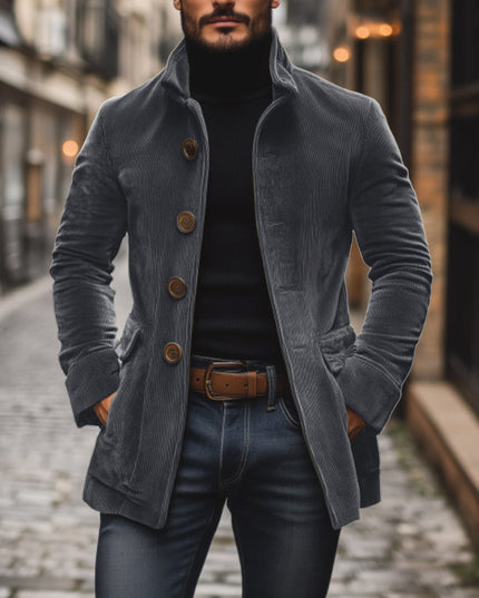 Cappotto Uomo Autunnale in Velluto a Coste con Collo alla Coreana e Chiusura a Bottoni - Edizione Autunno