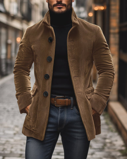 Cappotto Uomo Autunnale in Velluto a Coste con Collo alla Coreana e Chiusura a Bottoni - Edizione Autunno
