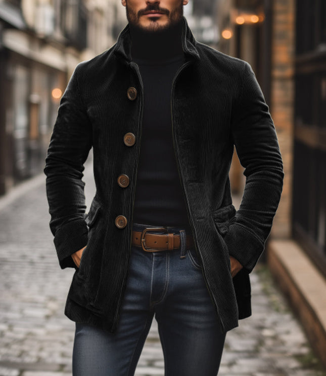 Cappotto Uomo Autunnale in Velluto a Coste con Collo alla Coreana e Chiusura a Bottoni - Edizione Autunno