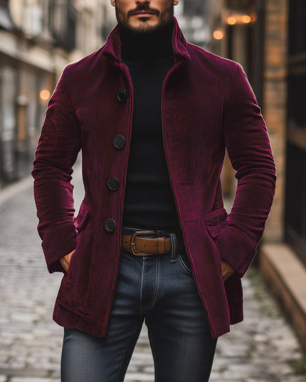 Cappotto Uomo Autunnale in Velluto a Coste con Collo alla Coreana e Chiusura a Bottoni - Edizione Autunno