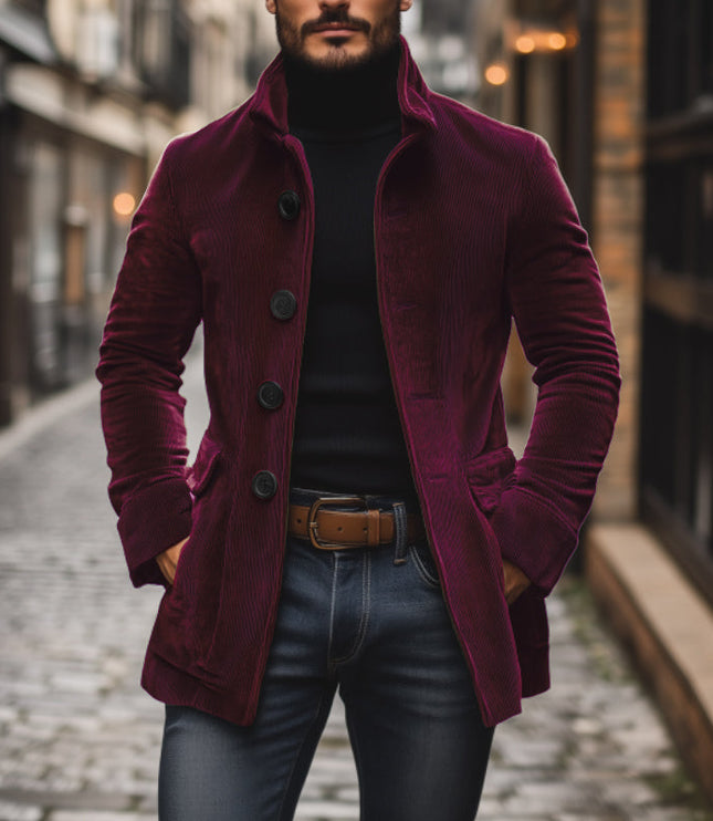 Cappotto Uomo Autunnale in Velluto a Coste con Collo alla Coreana e Chiusura a Bottoni - Edizione Autunno