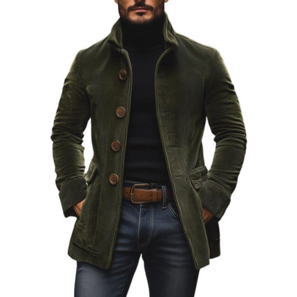 Cappotto Uomo Autunnale in Velluto a Coste con Collo alla Coreana e Chiusura a Bottoni - Edizione Autunno