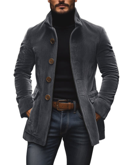 Cappotto Uomo Autunnale in Velluto a Coste con Collo alla Coreana e Chiusura a Bottoni - Edizione Autunno