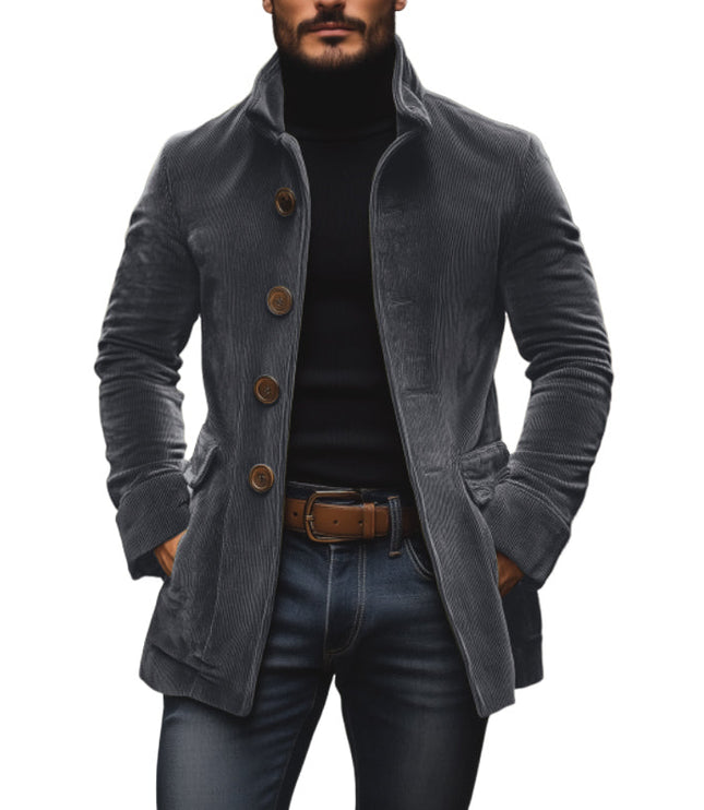 Cappotto Uomo Autunnale in Velluto a Coste con Collo alla Coreana e Chiusura a Bottoni - Edizione Autunno