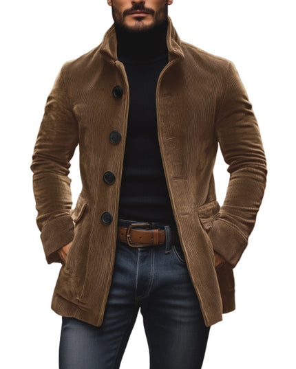 Cappotto Uomo Autunnale in Velluto a Coste con Collo alla Coreana e Chiusura a Bottoni - Edizione Autunno