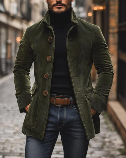 Cappotto Uomo Autunnale in Velluto a Coste con Collo alla Coreana e Chiusura a Bottoni - Edizione Autunno