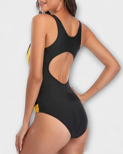 Black one-piece swimsuit with circular back cutout detail rear view