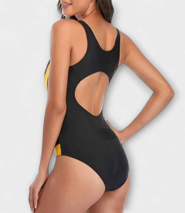 Black one-piece swimsuit with circular back cutout detail rear view