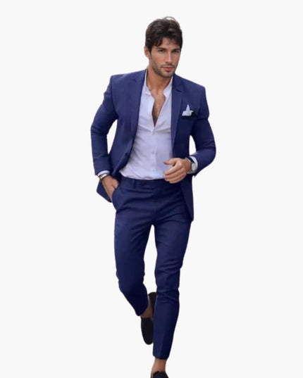 Navy single breasted wool suit jacket with tailored fit and dress slacks