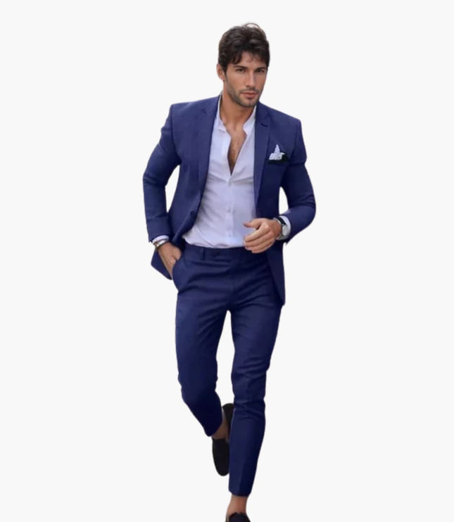 Navy single breasted wool suit jacket with tailored fit and dress slacks