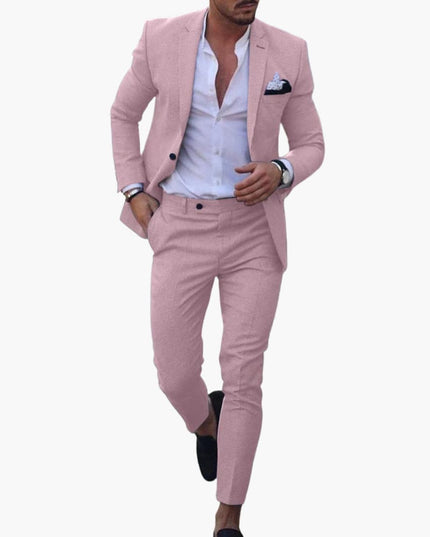 Mauve pink wool blend formal suit with single button blazer and cropped trousers