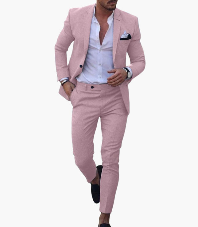 Mauve pink wool blend formal suit with single button blazer and cropped trousers