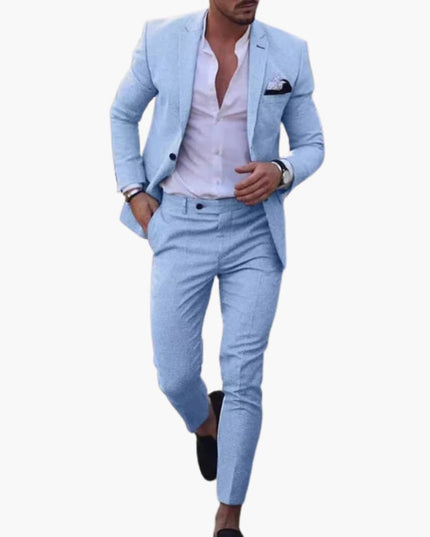 Light blue wool formal suit with single breasted jacket and fitted slacks