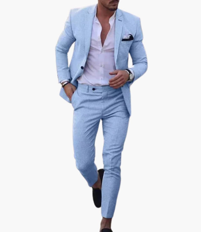 Light blue wool formal suit with single breasted jacket and fitted slacks