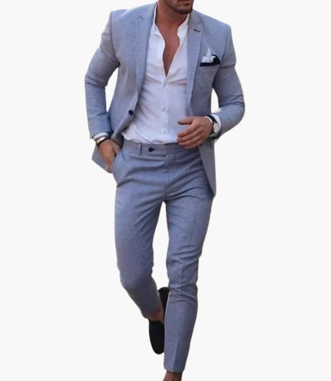 Gray blue wool blend suit jacket with matching dress pants and pocket square