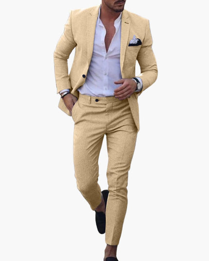 Beige tan wool formal suit with single breasted blazer and tailored trousers