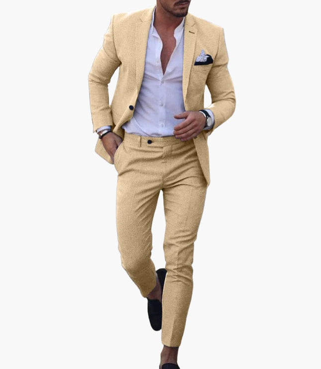 Beige tan wool formal suit with single breasted blazer and tailored trousers