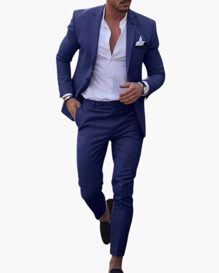 Navy wool blend formal suit with single breasted blazer and matching slacks