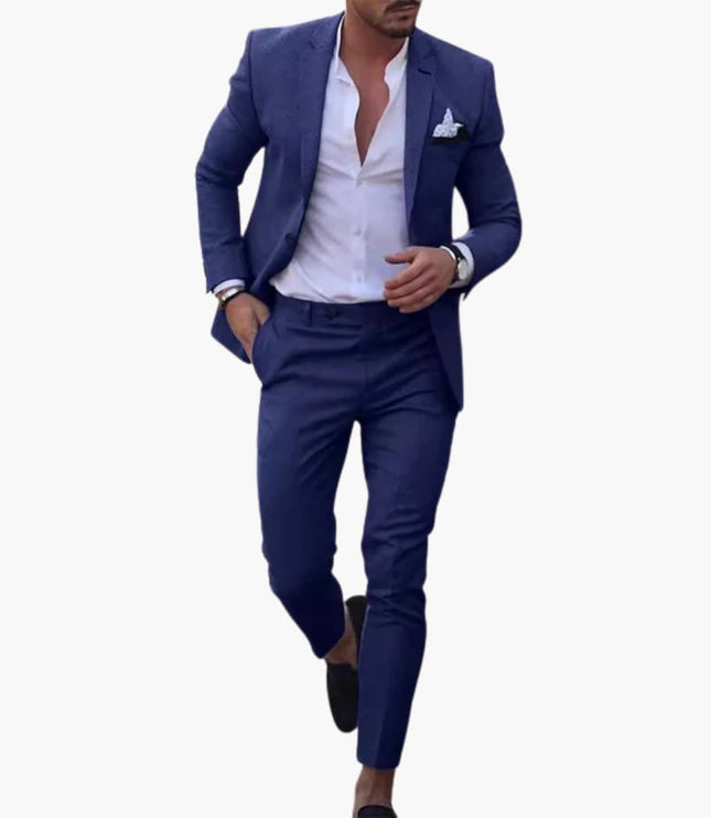 Navy wool blend formal suit with single breasted blazer and matching slacks