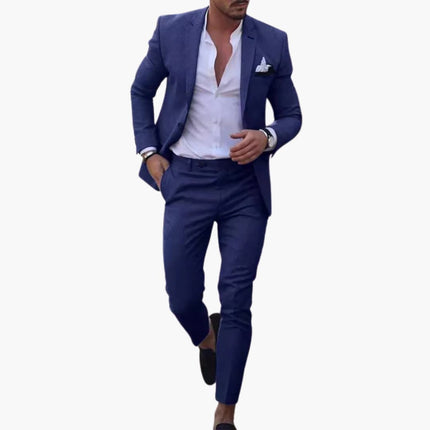 Navy wool blend formal suit with single breasted blazer and matching slacks