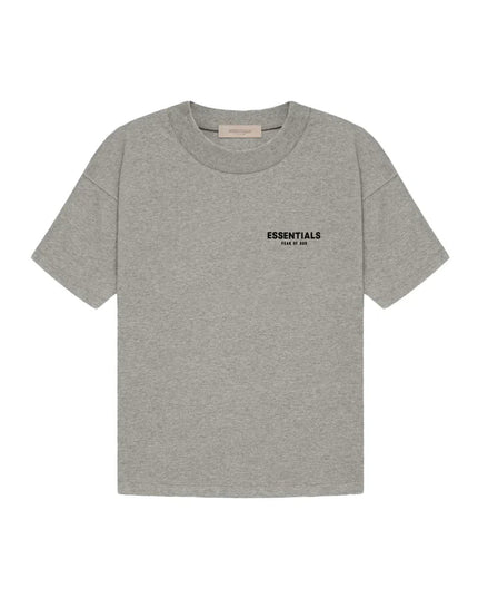 Heather gray graphic t shirt for men laid flat, crew neck with large front text print detail