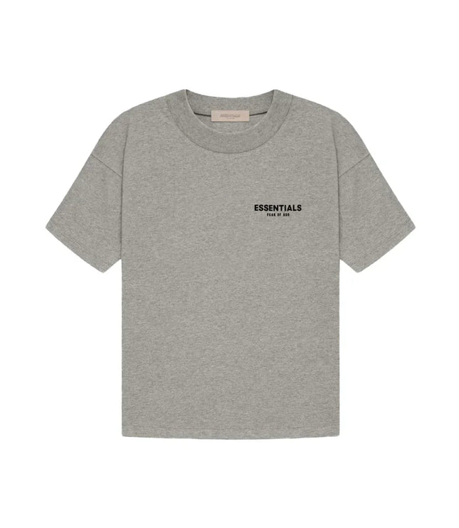 Heather gray graphic t shirt for men laid flat, crew neck with large front text print detail