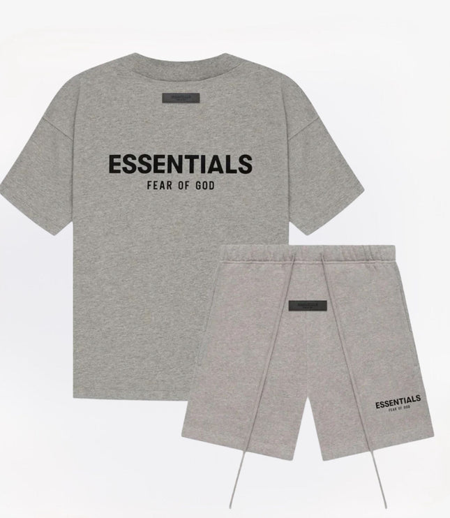 Heather gray graphic t shirt and drawstring shorts set for men, front view with bold text print