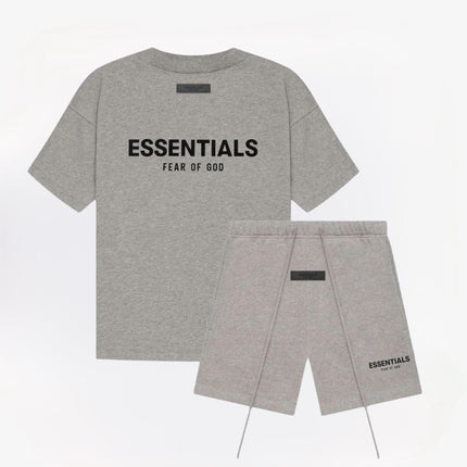 Heather gray graphic t shirt and drawstring shorts set for men, front view with bold text print