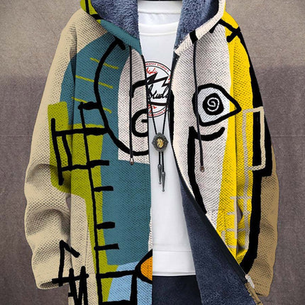 Men's Oversized Art-Print Fleece-Lined Zip-Up Hooded Cardigan - Multicolor