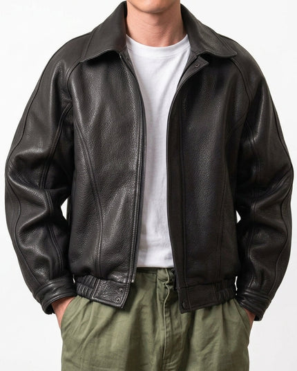 Men's Aviator Jacket with Point Collar and Ribbed Hem