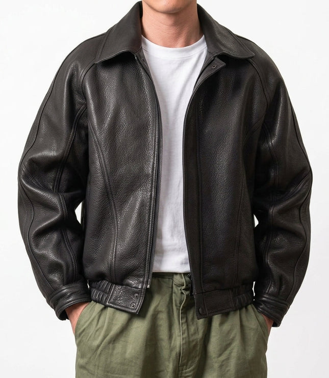 Men's Aviator Jacket with Point Collar and Ribbed Hem