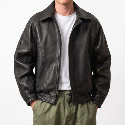 Men's Aviator Jacket with Point Collar and Ribbed Hem